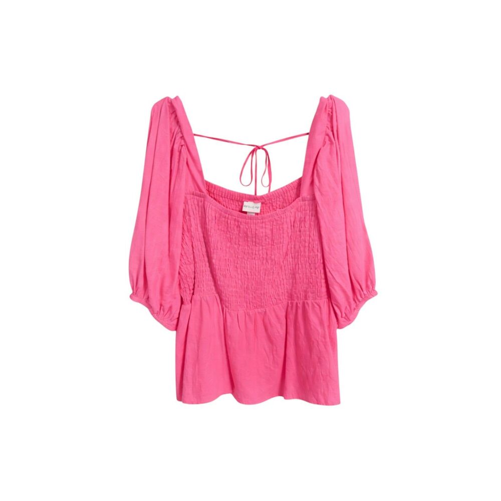Ava & Viv Pink Smocked Peplum Blouse – Puff Sleeve Square Neck Top